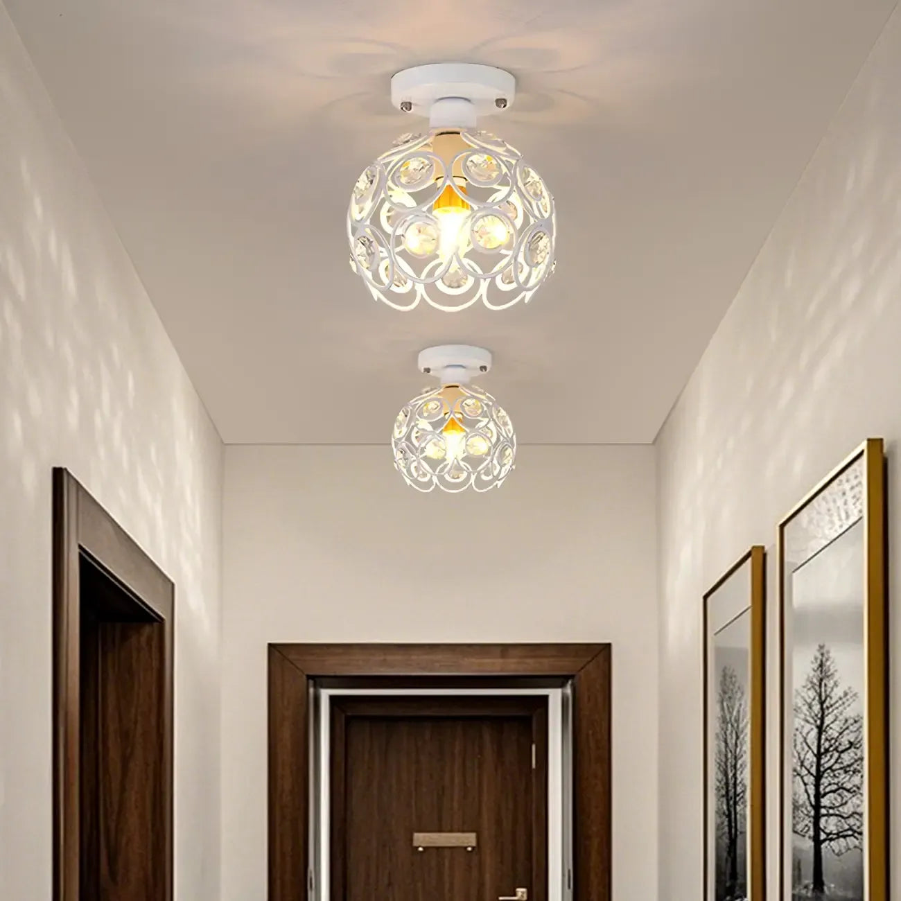 Industrial Hollow Dome Semi Flush Ceiling Light with Crystal