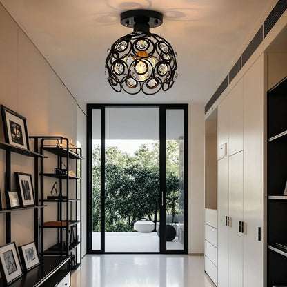 Industrial Hollow Dome Semi Flush Ceiling Light with Crystal