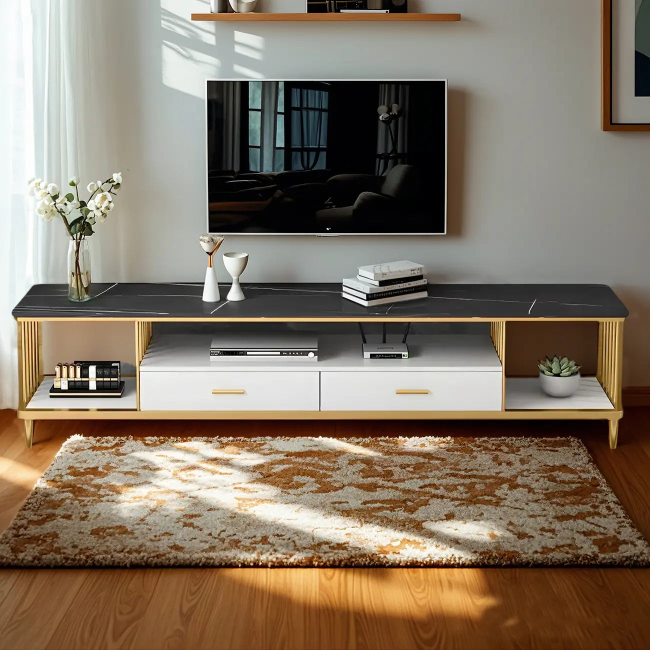Luxury White Metal Frame Open Storage TV Stand with Drawers
