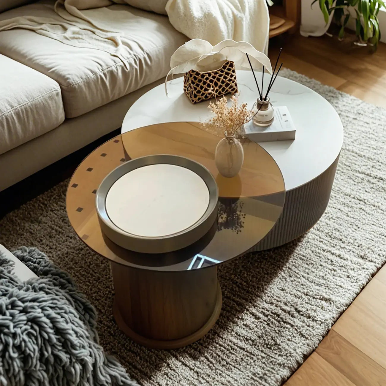Modern Elegant Glass Round Nesting Coffee Table with 5 Sizes