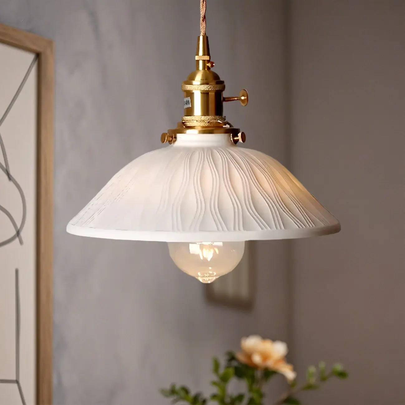 White Ceramic Floral Lampshade Pendant Light for Bedroom