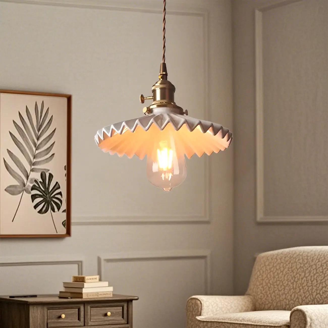White Ceramic Floral Lampshade Pendant Light for Bedroom