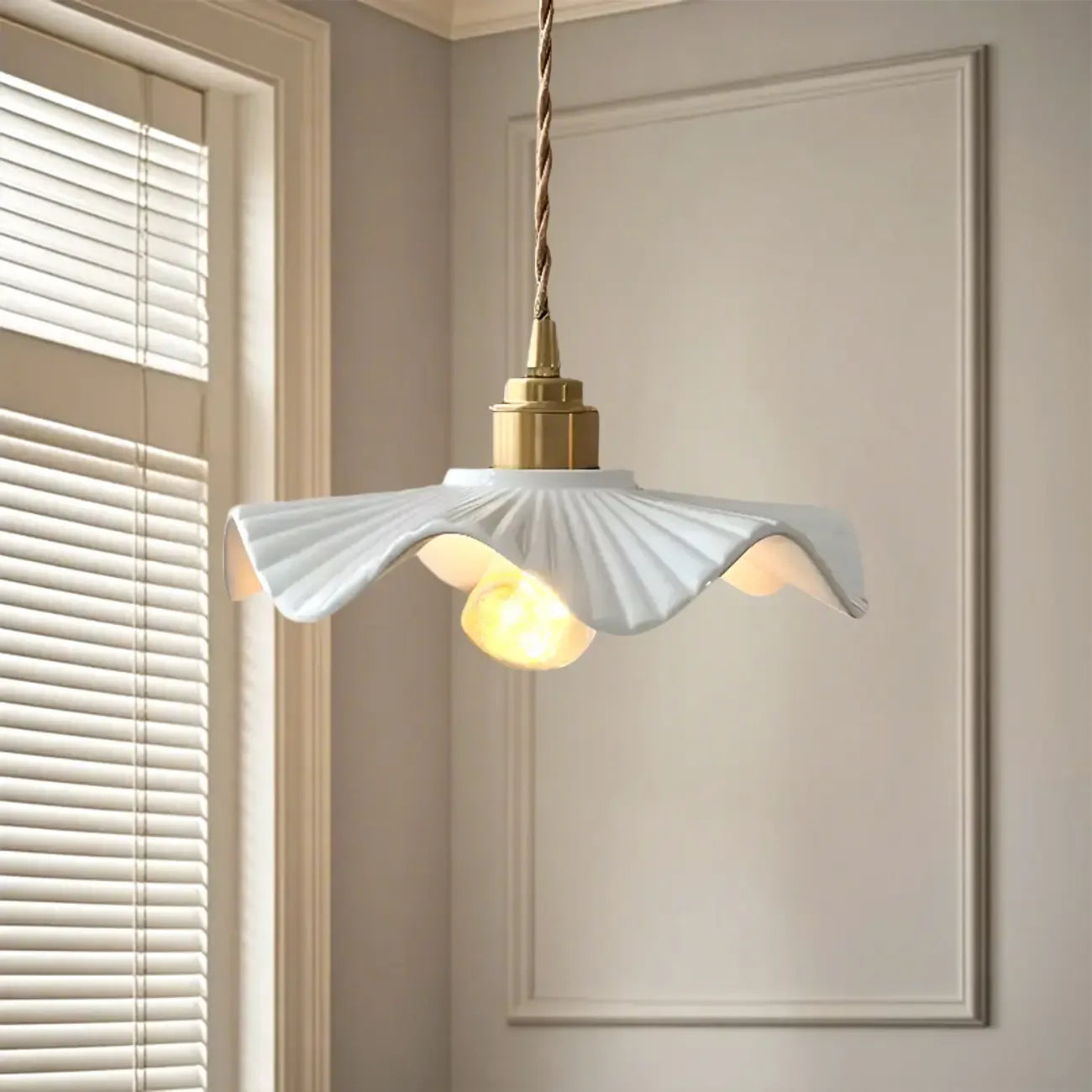 White Ceramic Floral Lampshade Pendant Light for Bedroom