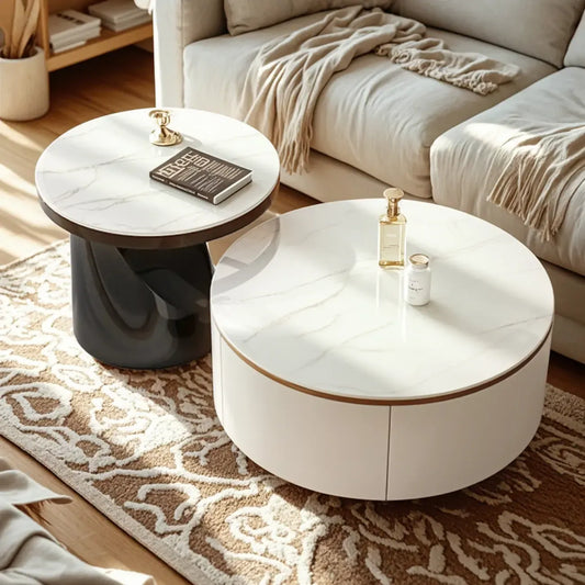 Elegant Indoor Round Nesting Coffee Table with 2 Drawers