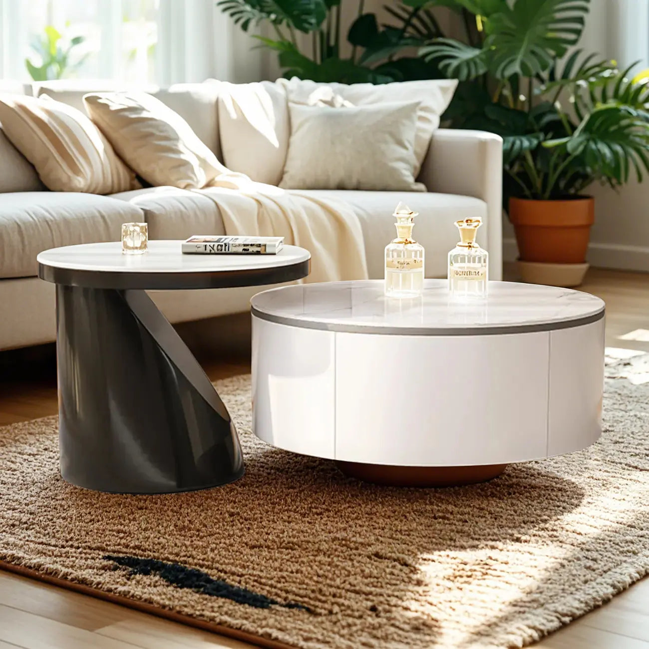 Elegant Indoor Round Nesting Coffee Table with 2 Drawers