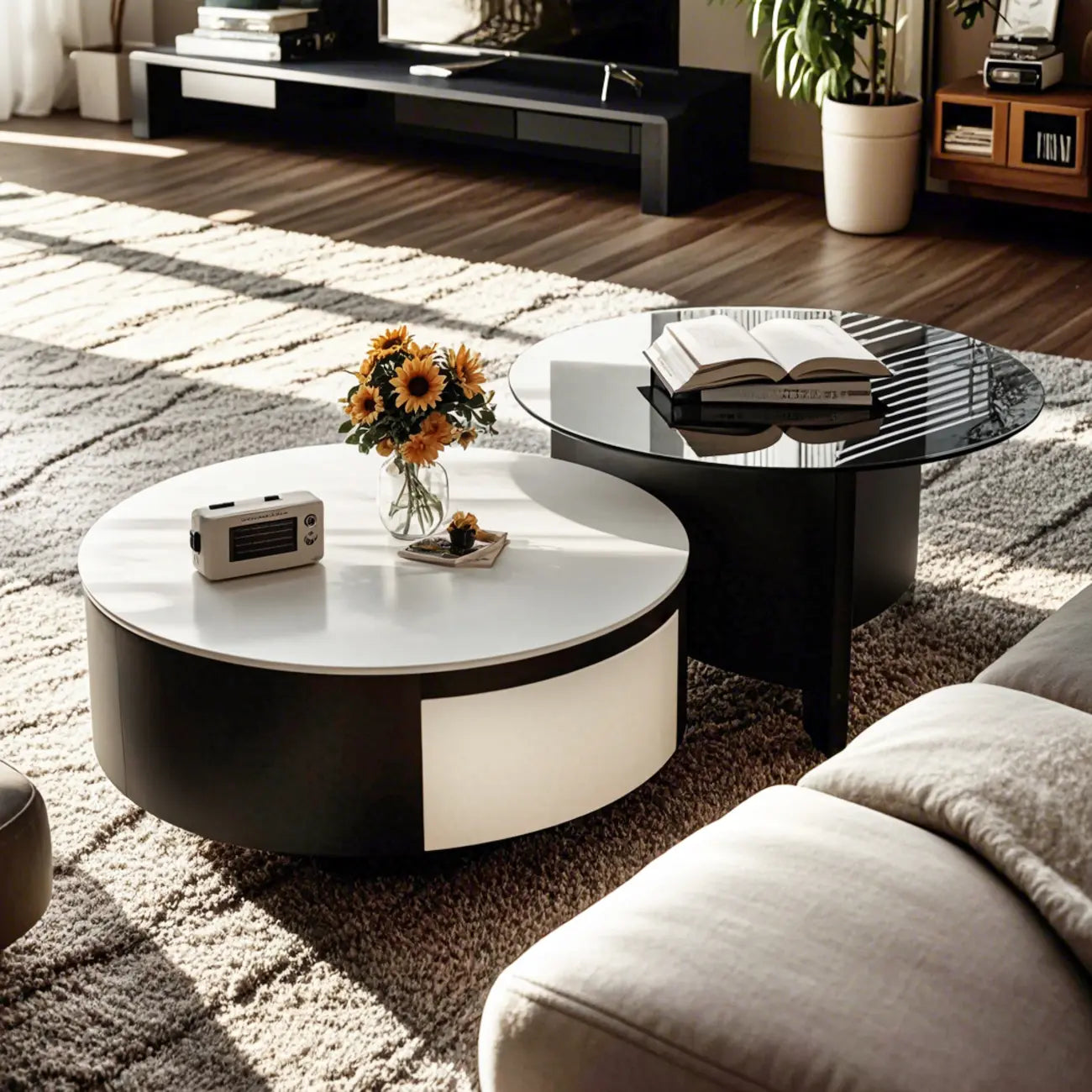 Elegant Indoor Round Nesting Coffee Table with 2 Drawers