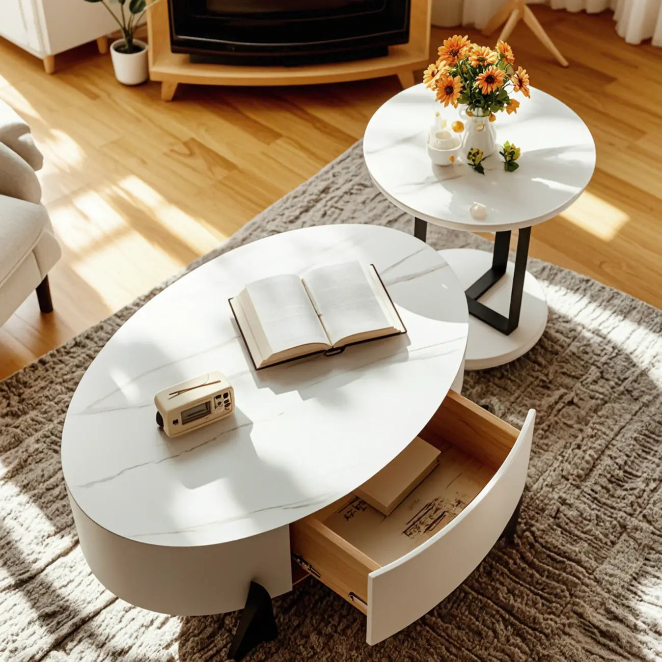 Elegant Indoor Round Nesting Coffee Table with 2 Drawers
