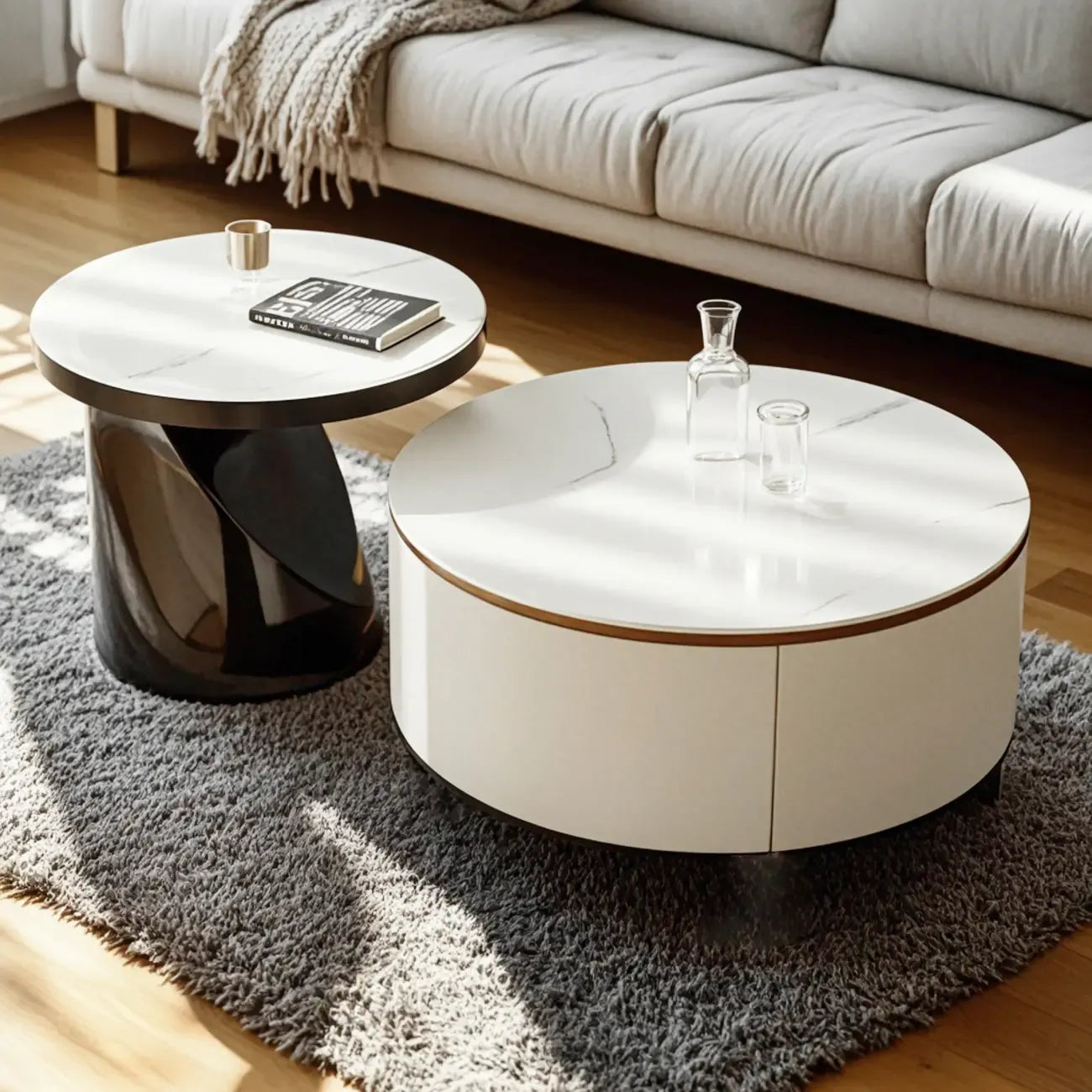 Elegant Indoor Round Nesting Coffee Table with 2 Drawers