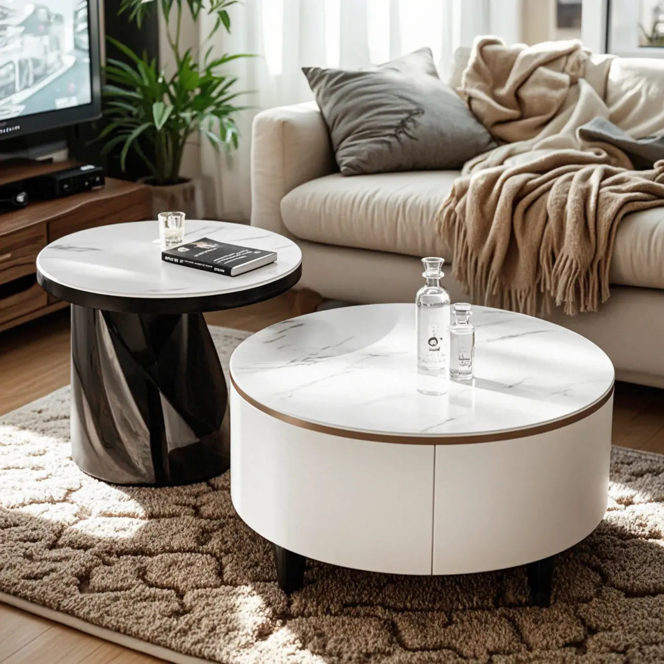 Elegant Indoor Round Nesting Coffee Table with 2 Drawers