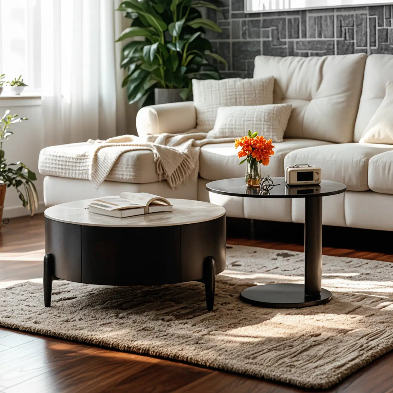 Elegant Indoor Round Nesting Coffee Table with 2 Drawers