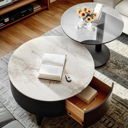 Elegant Indoor Round Nesting Coffee Table with 2 Drawers