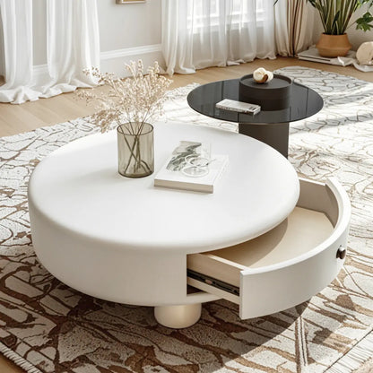 Cream Round Elegant Drawers Round Wood Coffee Table