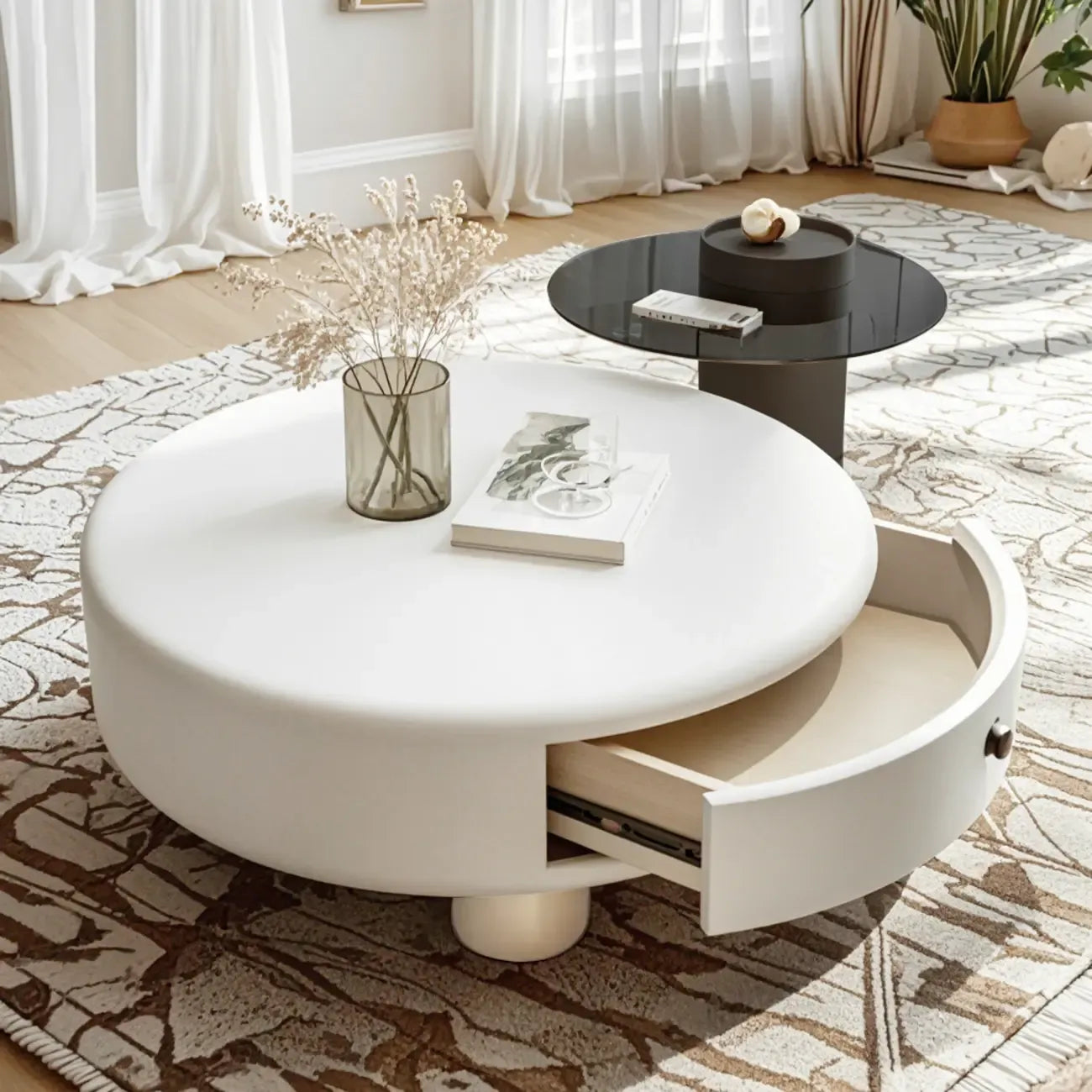 Cream Round Elegant Drawers Round Wood Coffee Table
