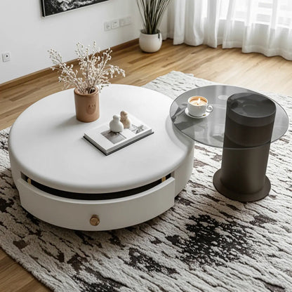 Cream Round Elegant Drawers Round Wood Coffee Table