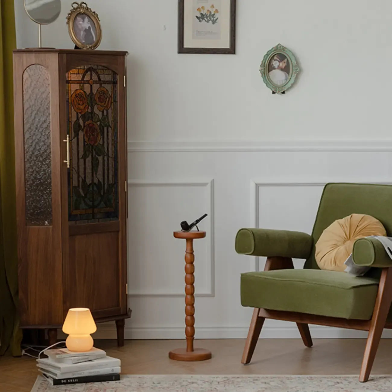 Lighting Included Elegant Walnut Rose Glass Panel Corner Cabinet