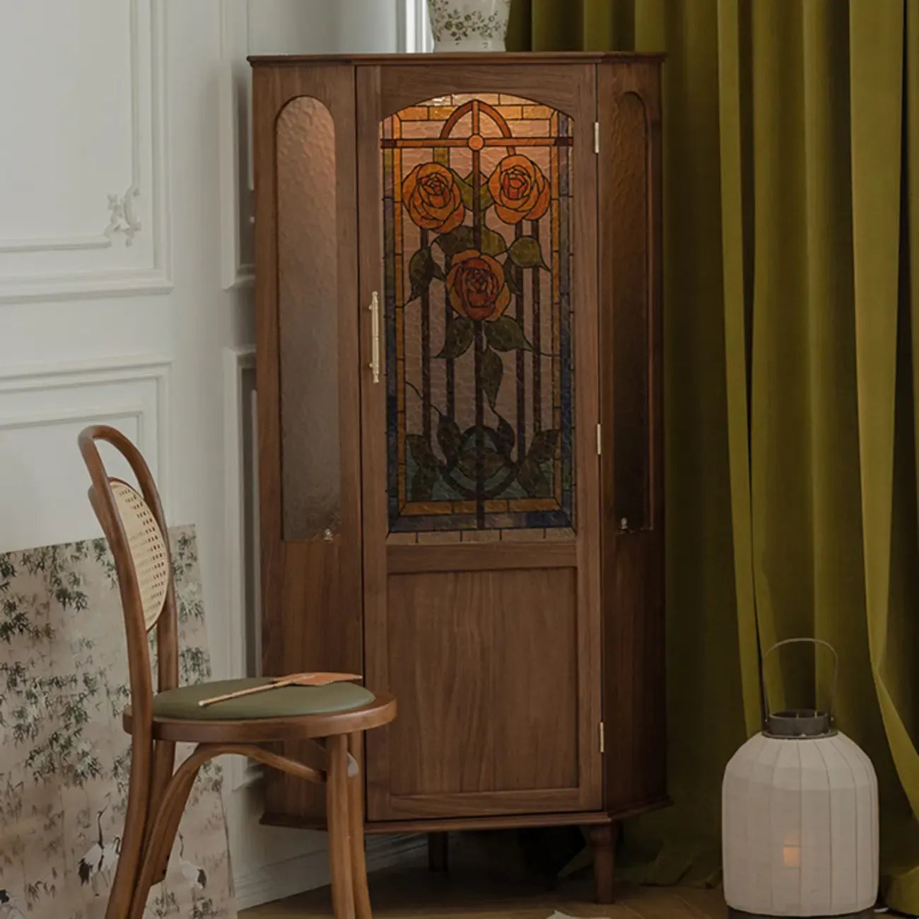 Lighting Included Elegant Walnut Rose Glass Panel Corner Cabinet
