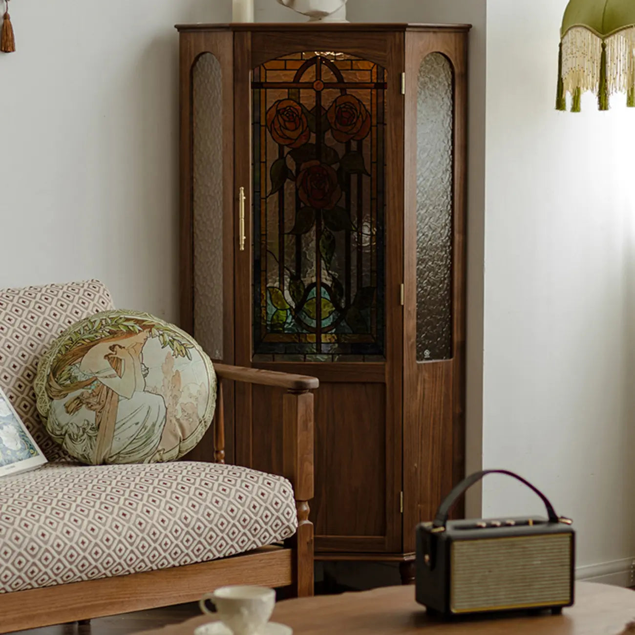 Lighting Included Elegant Walnut Rose Glass Panel Corner Cabinet