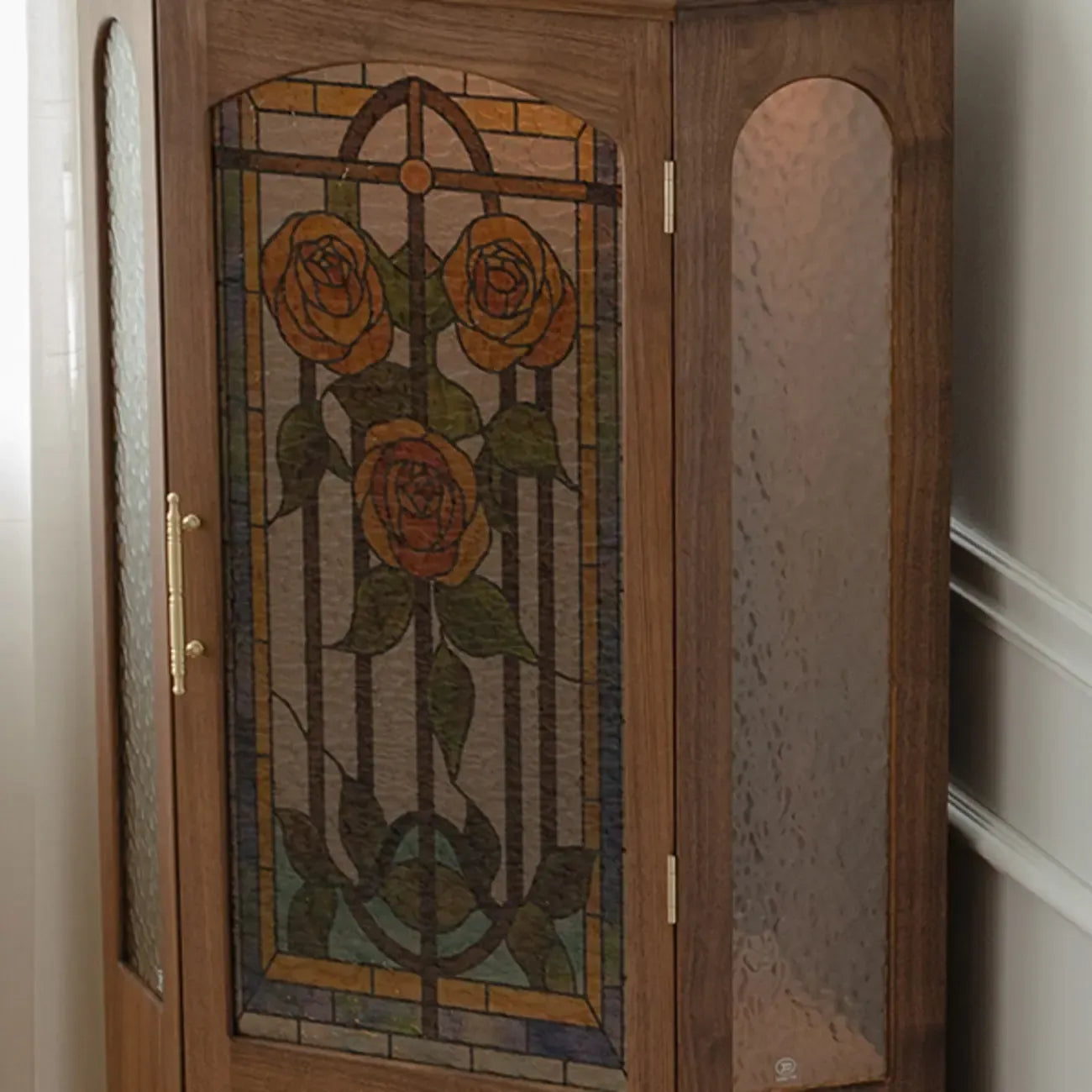 Lighting Included Elegant Walnut Rose Glass Panel Corner Cabinet