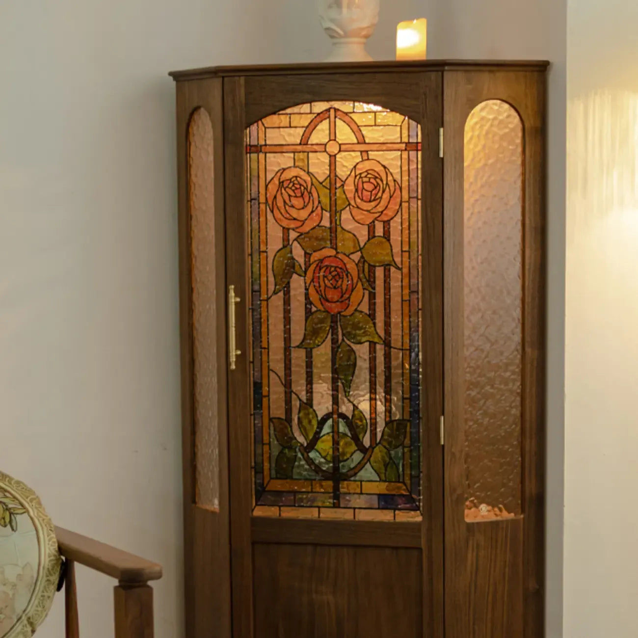 Lighting Included Elegant Walnut Rose Glass Panel Corner Cabinet