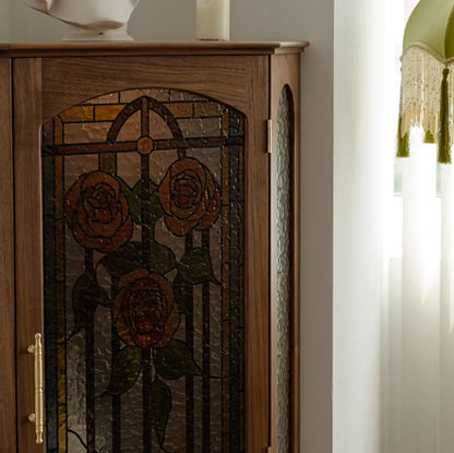Lighting Included Elegant Walnut Rose Glass Panel Corner Cabinet