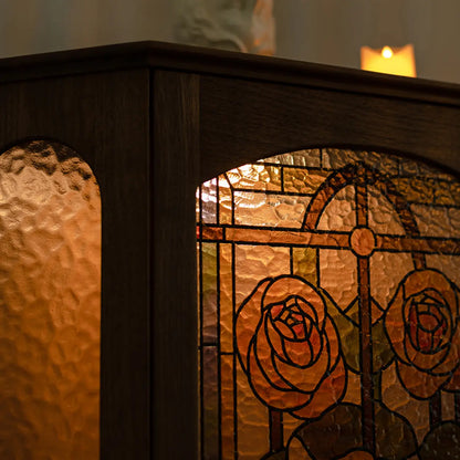 Lighting Included Elegant Walnut Rose Glass Panel Corner Cabinet