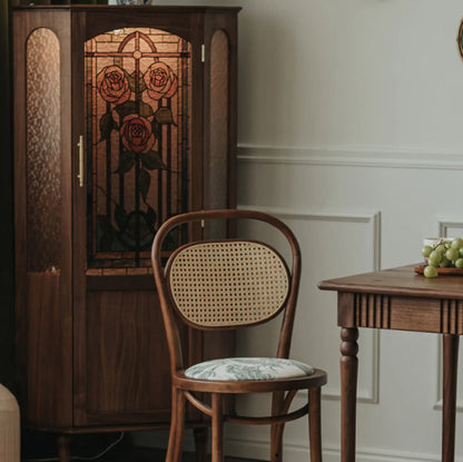 Lighting Included Elegant Walnut Rose Glass Panel Corner Cabinet