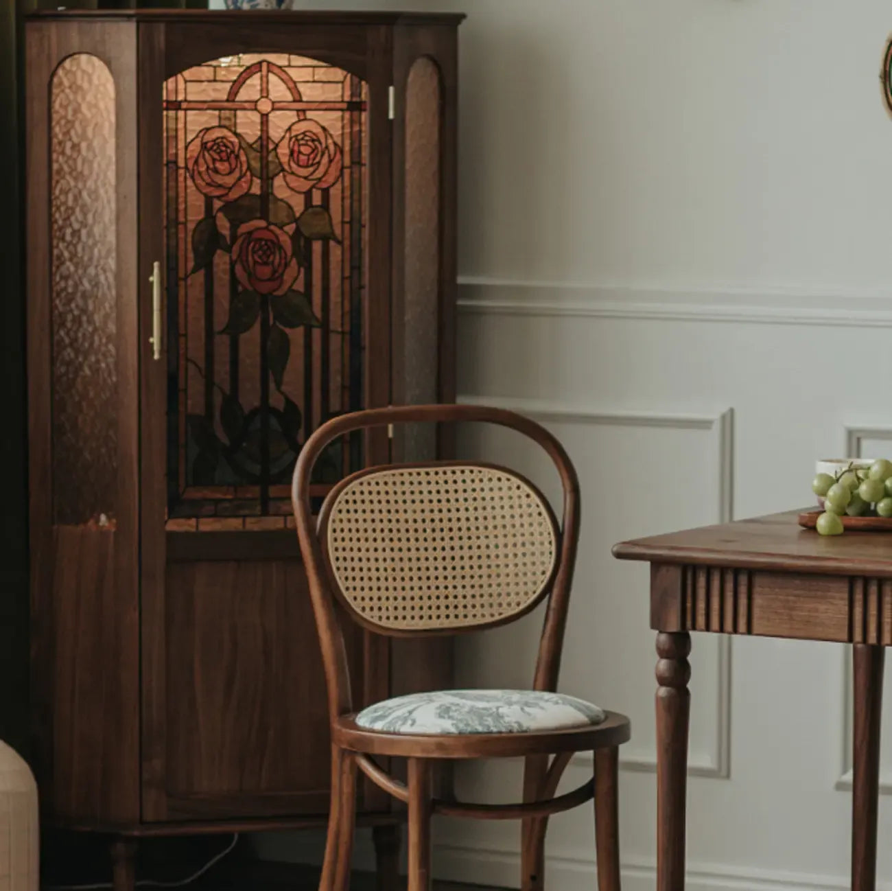 Lighting Included Elegant Walnut Rose Glass Panel Corner Cabinet
