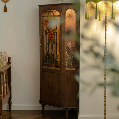 Lighting Included Elegant Walnut Rose Glass Panel Corner Cabinet