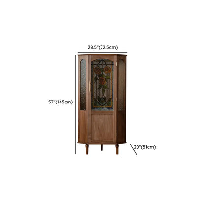 Lighting Included Elegant Walnut Rose Glass Panel Corner Cabinet