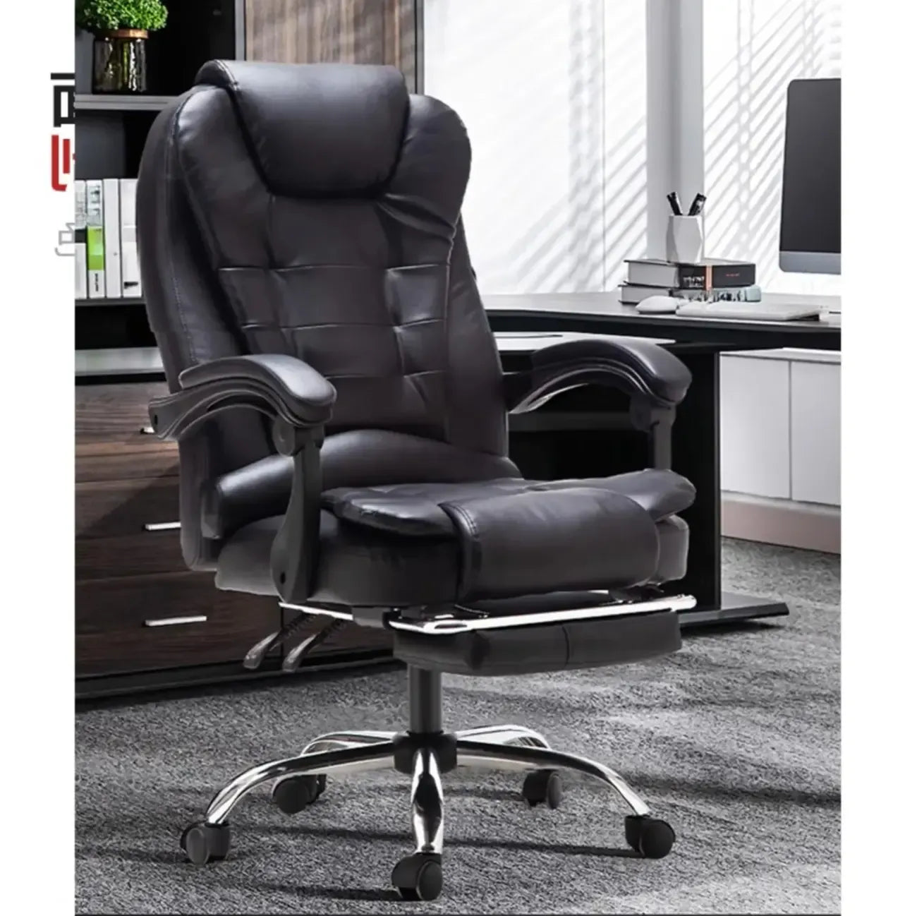 Executive Ergonomic Black Leather Swivel Reclining Office Chair