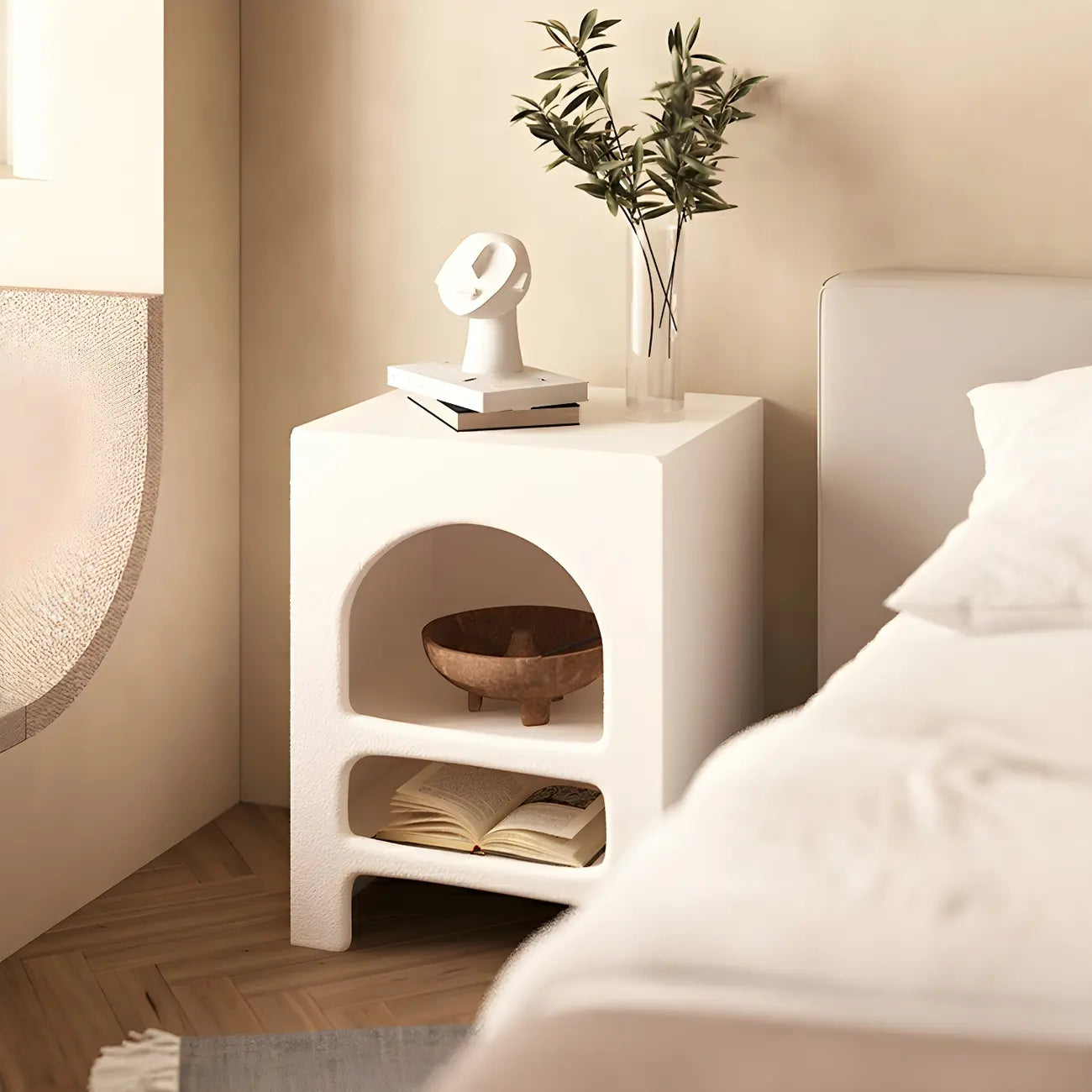 Rectangular White Wood Arched Open Storage Nightstand