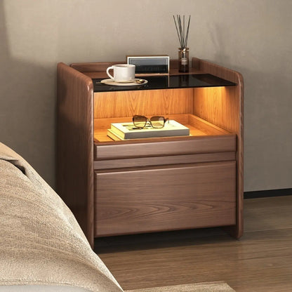 Nut-Brown Wood Glass Top Drawer Nightstand with Light