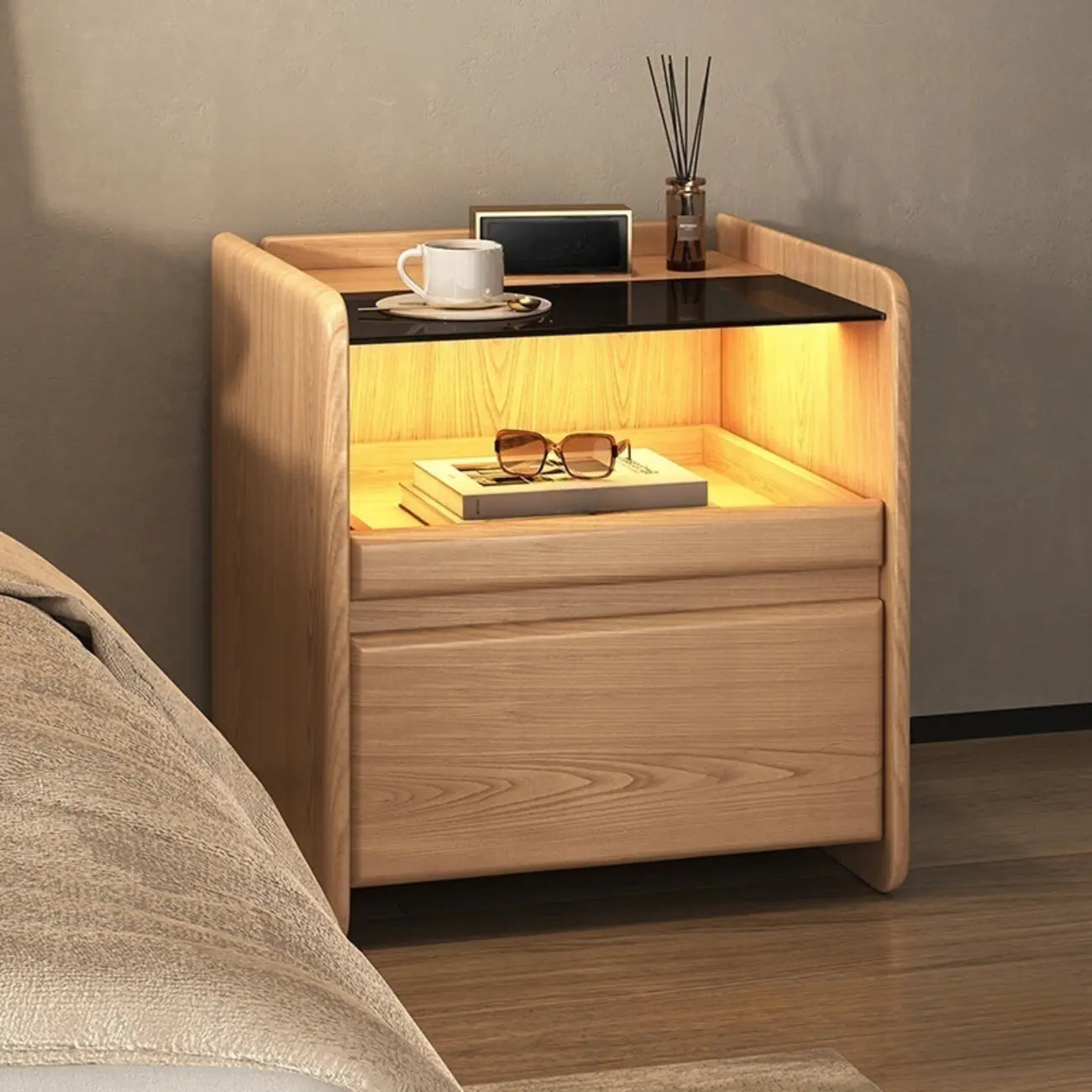 Nut-Brown Wood Glass Top Drawer Nightstand with Light