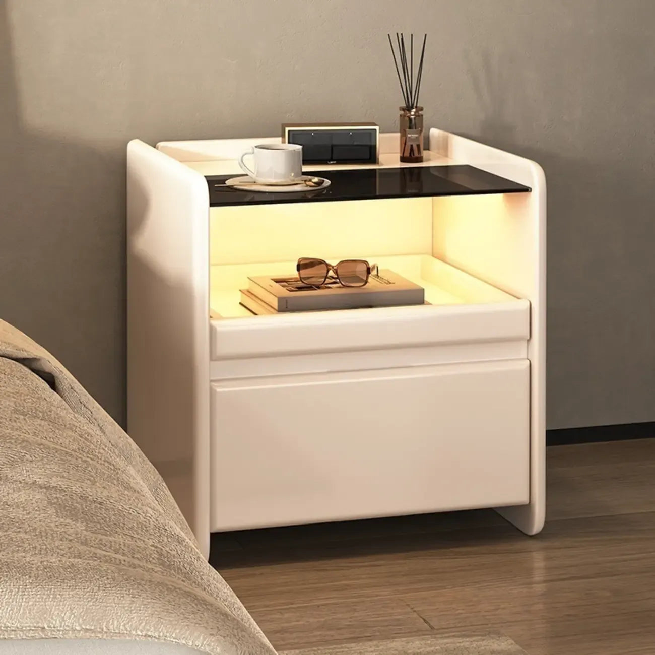 Nut-Brown Wood Glass Top Drawer Nightstand with Light