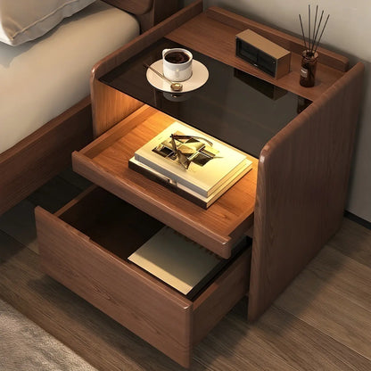 Nut-Brown Wood Glass Top Drawer Nightstand with Light