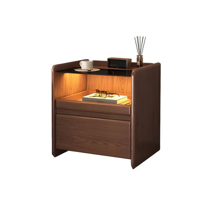 Nut-Brown Wood Glass Top Drawer Nightstand with Light