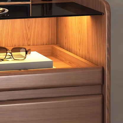 Nut-Brown Wood Glass Top Drawer Nightstand with Light