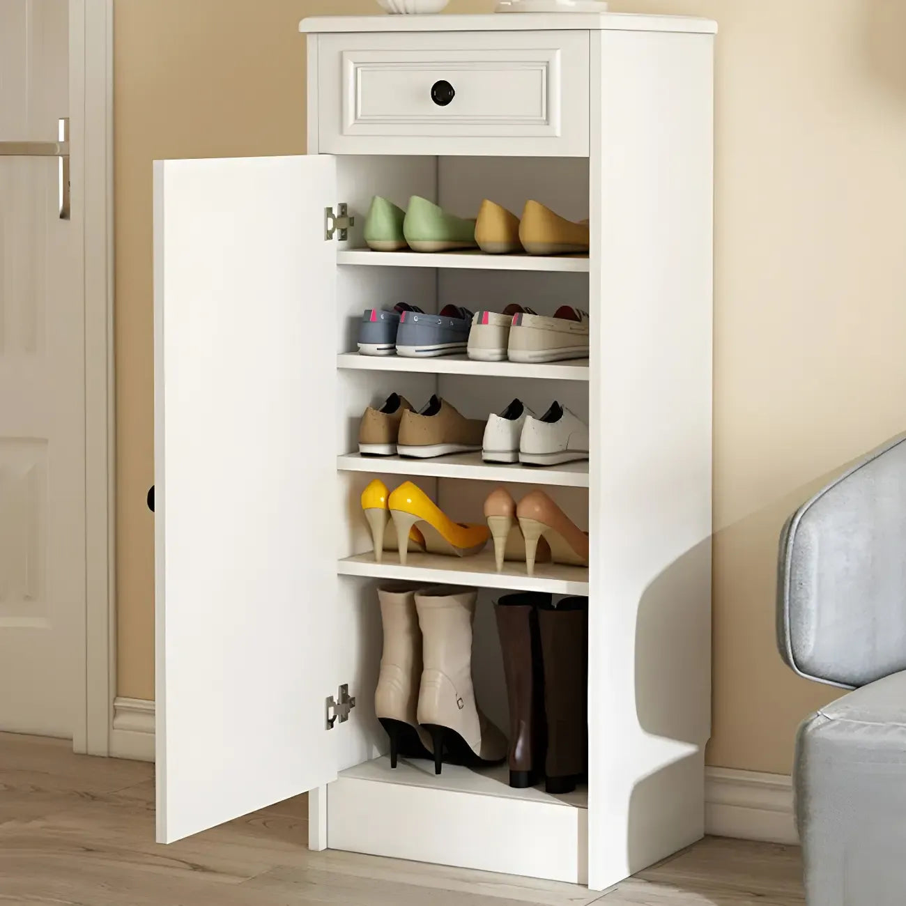 Modern Slim White Shoe Cabinet with Drawer for Hallway