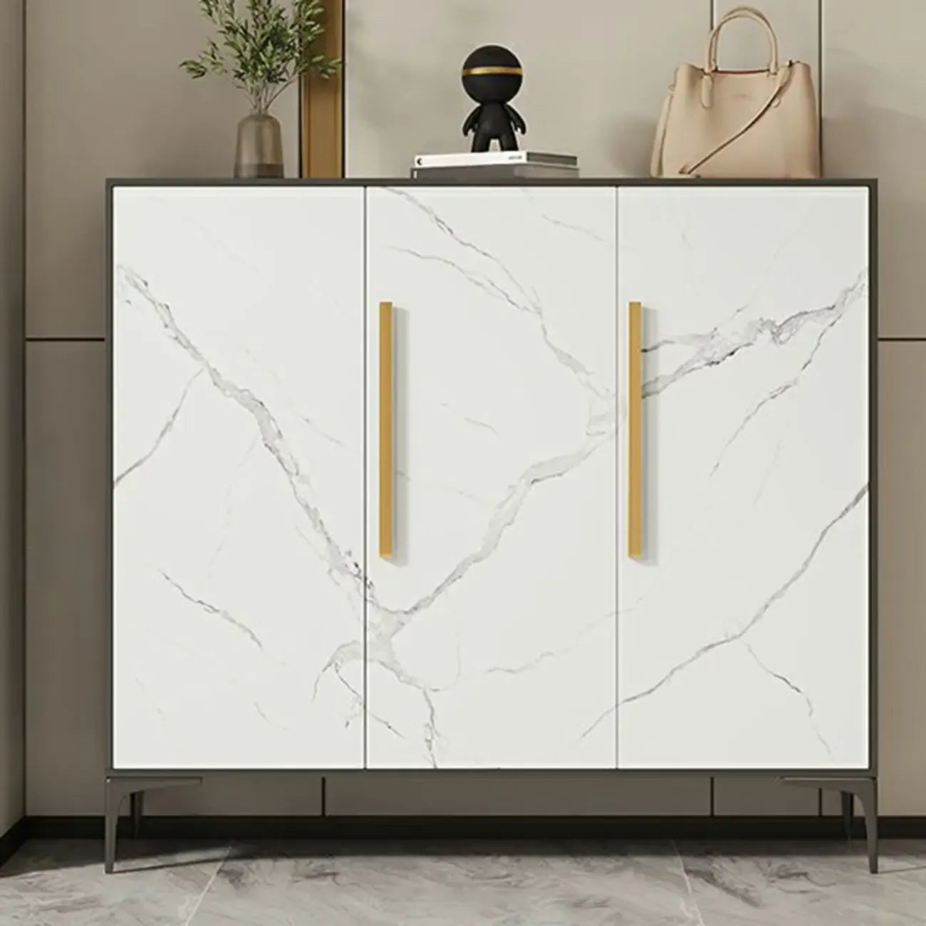 Modern White-Gray Metal Hallway Shoe Storage Cabinet