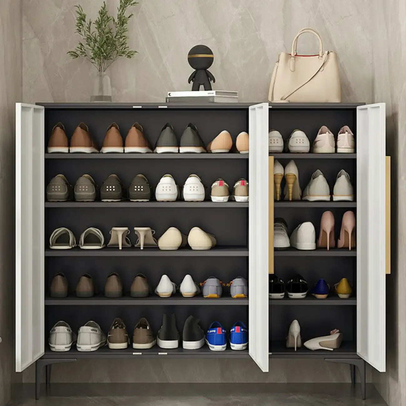 Modern White-Gray Metal Hallway Shoe Storage Cabinet