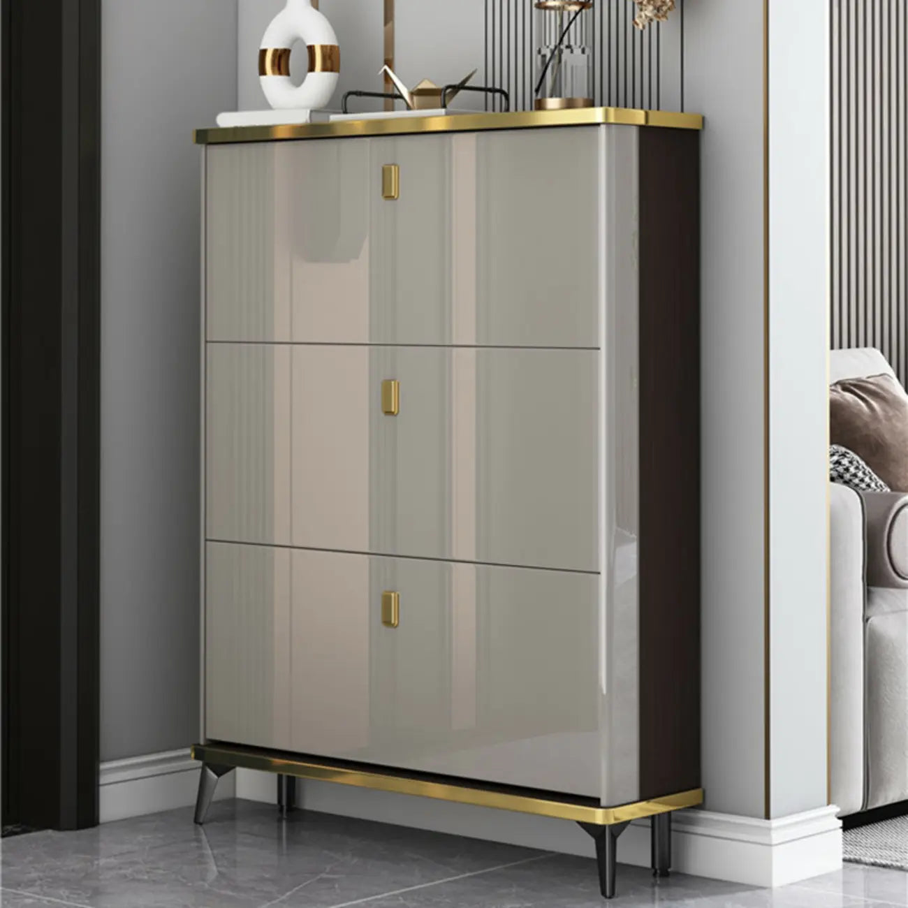 Grey Wooden Drop Front Shoe Cabinet for Entryway