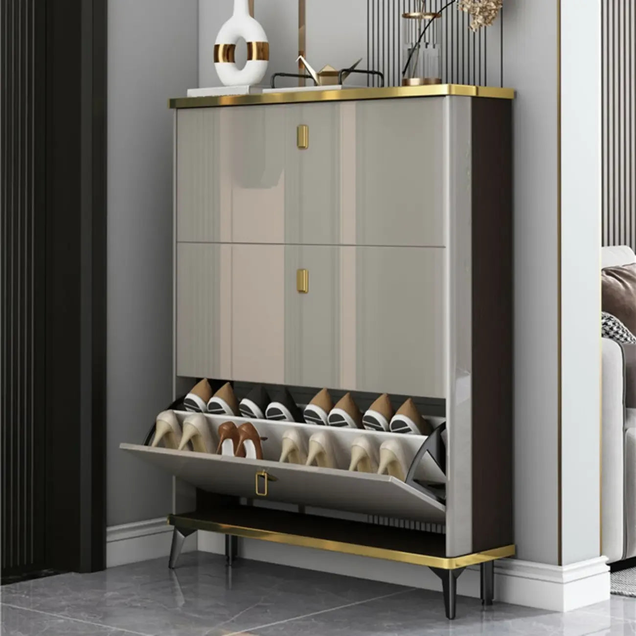 Grey Wooden Drop Front Shoe Cabinet for Entryway