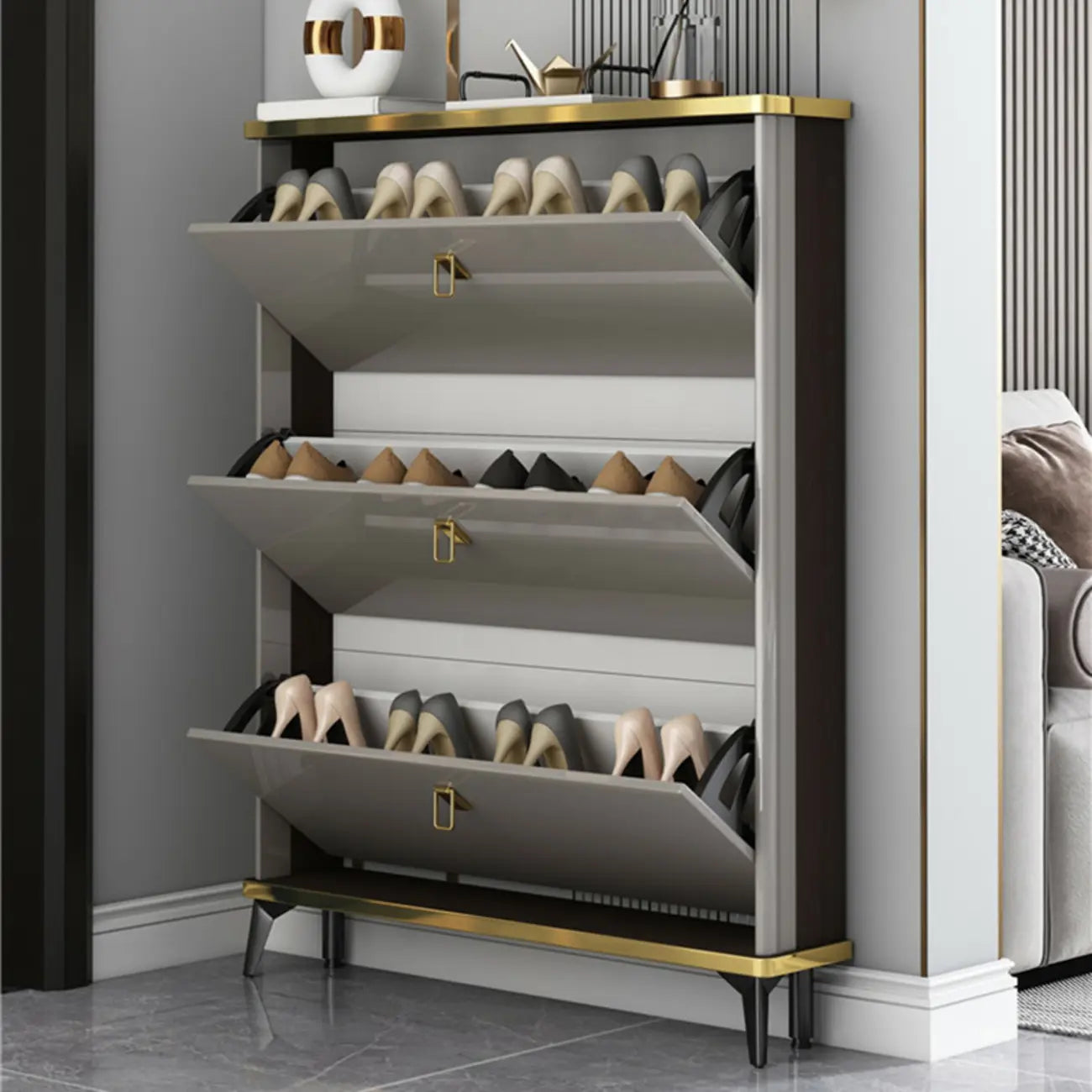 Grey Wooden Drop Front Shoe Cabinet for Entryway