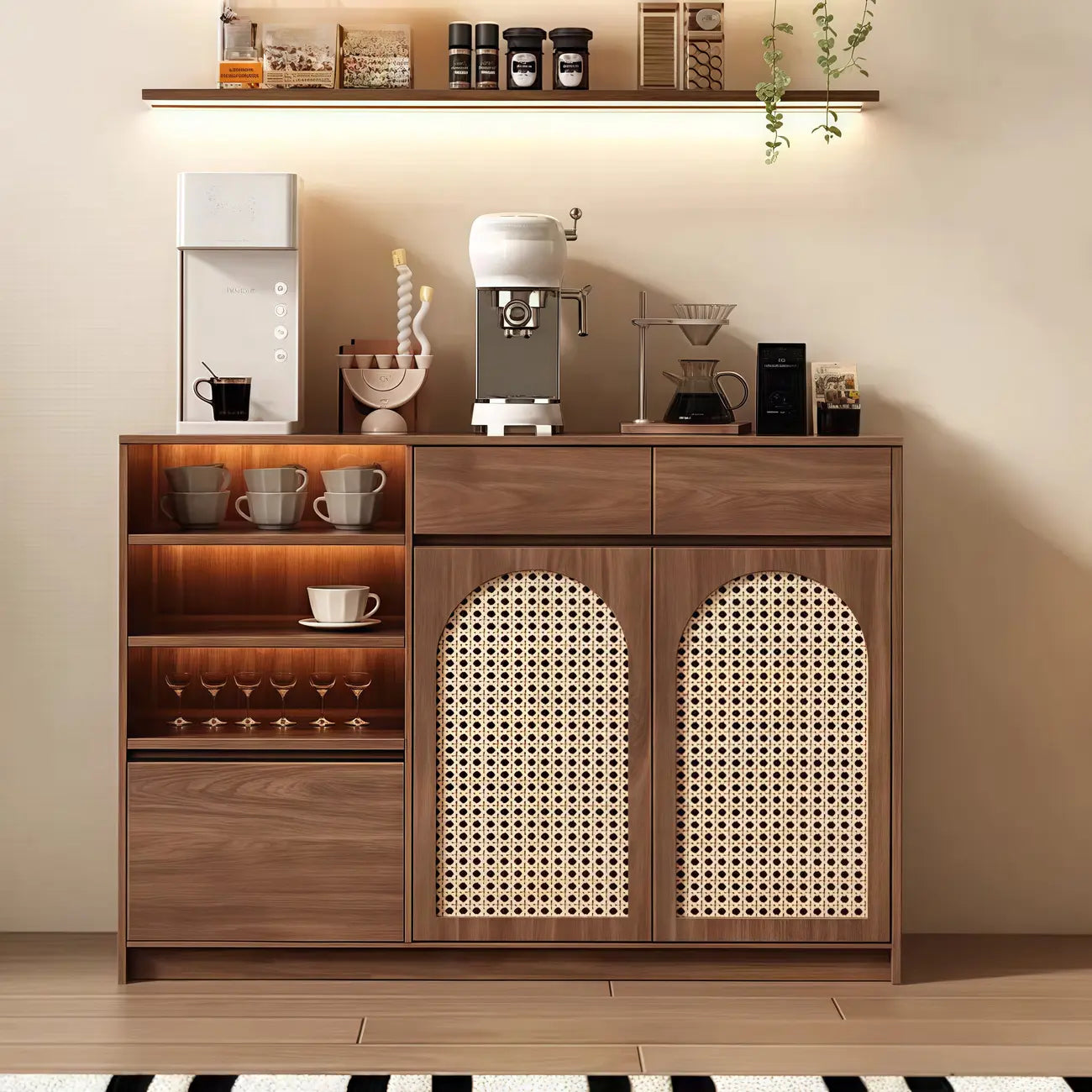 Medium Wood Rattan Kitchen Storage Cabinet in Natural Finish