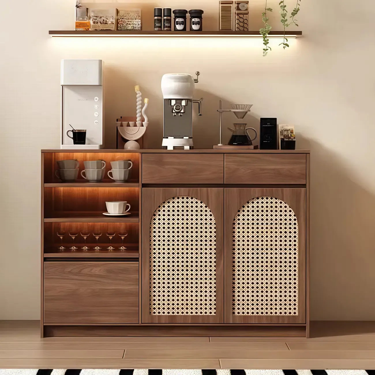 Medium Wood Rattan Kitchen Storage Cabinet in Natural Finish