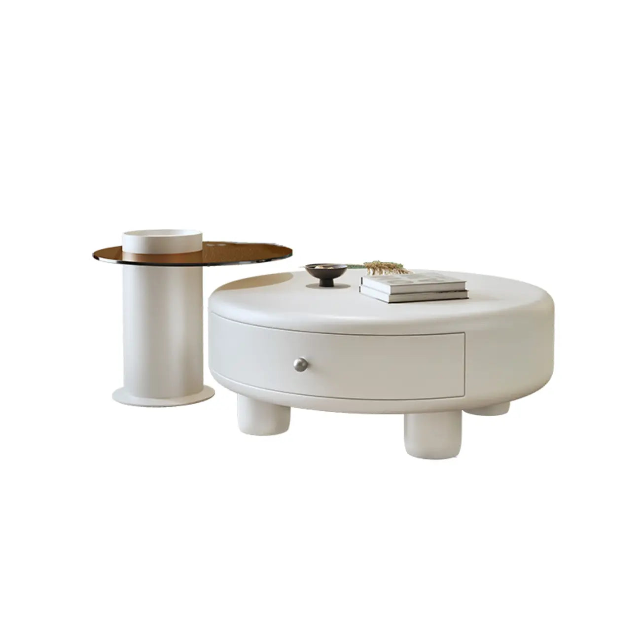 Cream Round Elegant Drawers Round Wood Coffee Table