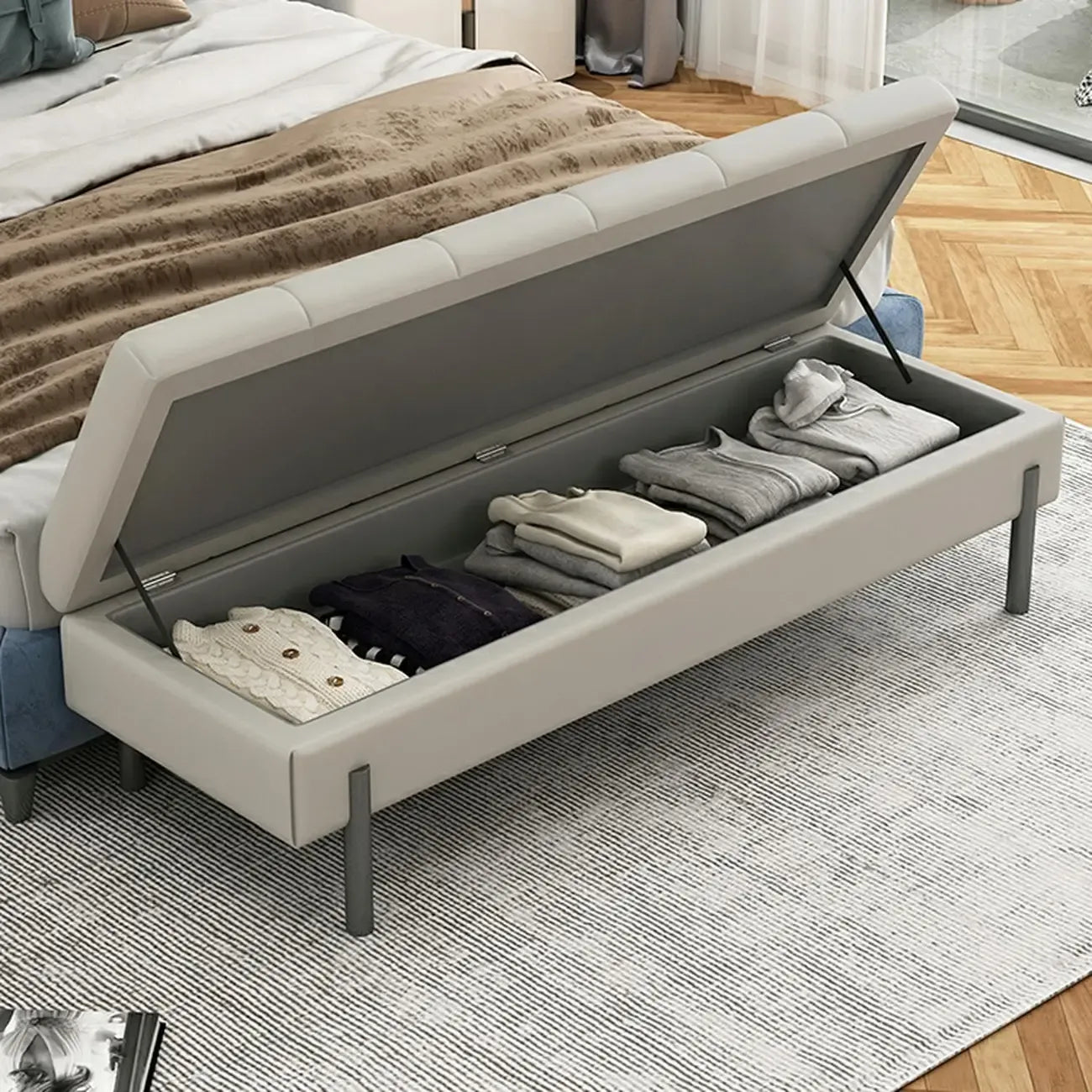 Modern Grey Upholstered Bedroom Bench with Hidden Storage