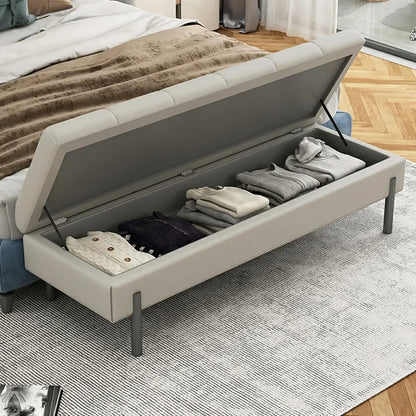 Modern Grey Upholstered Bedroom Bench with Hidden Storage