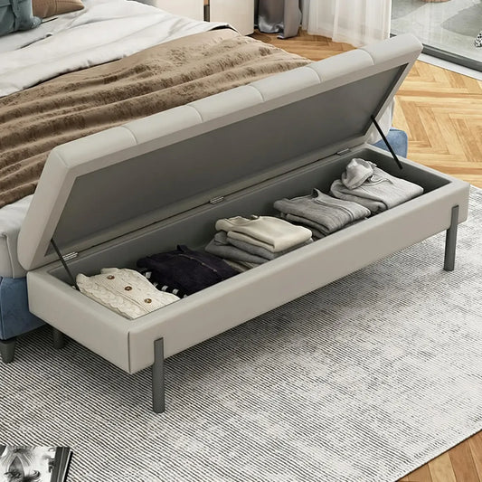 Modern Grey Upholstered Bedroom Bench with Hidden Storage
