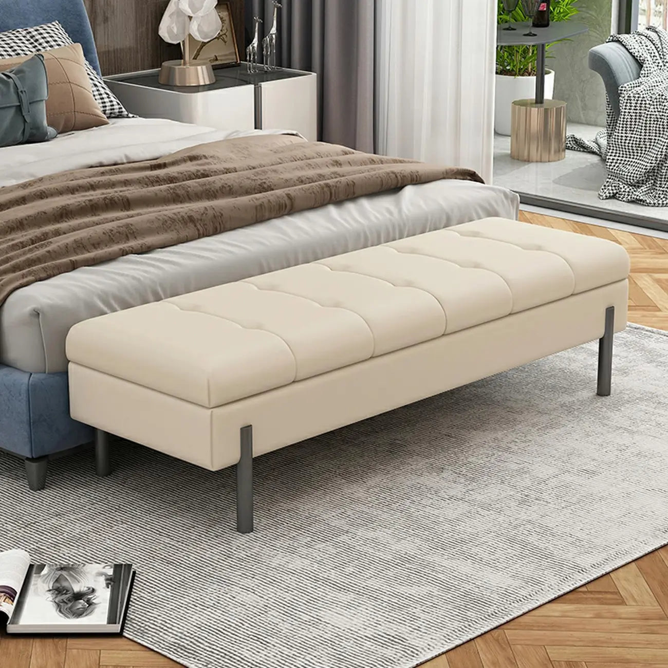 Modern Grey Upholstered Bedroom Bench with Hidden Storage